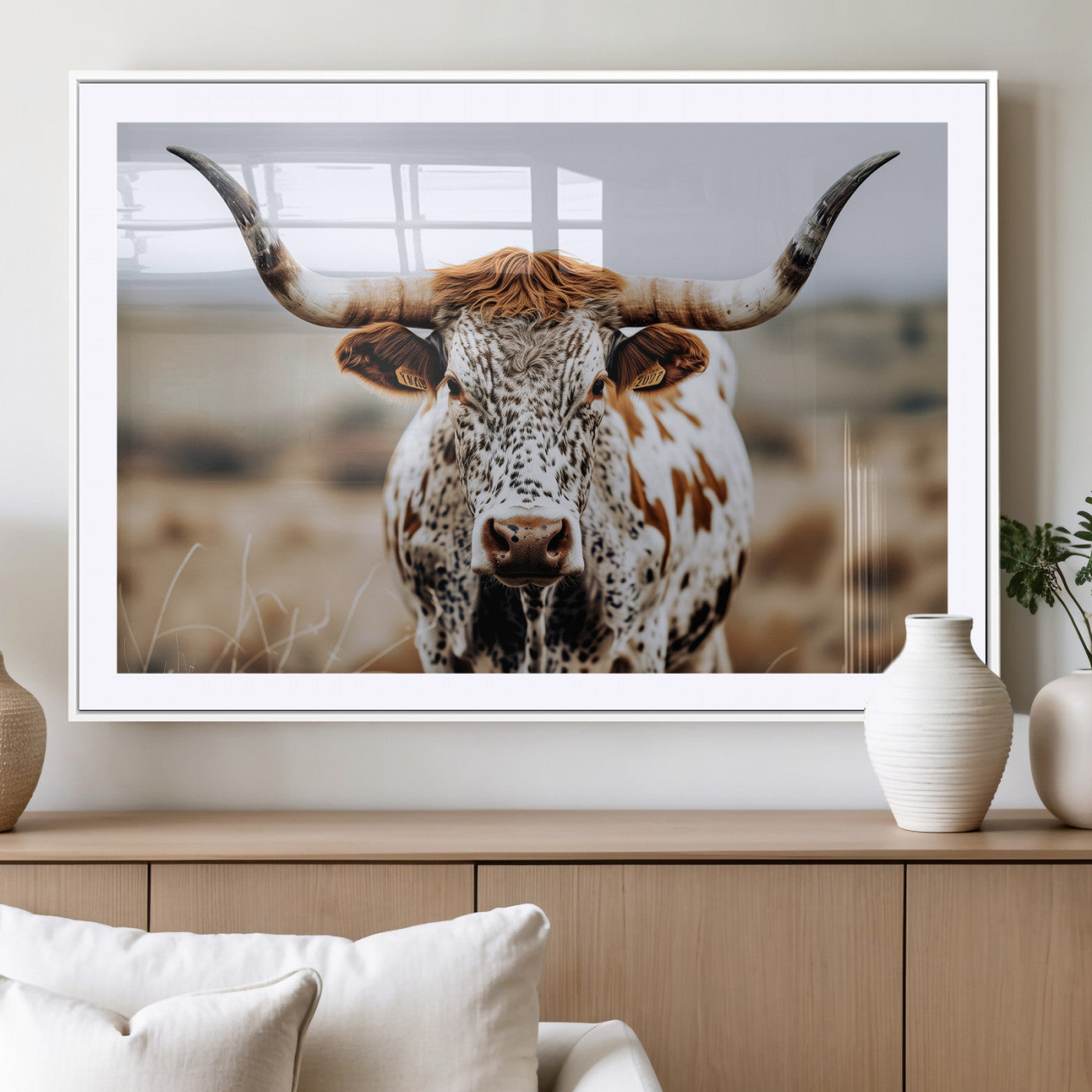 76294381-MGV-CV-36X24-Texas Longhorn Wall Art Canvas Print, Framed Spotted Cow Art Picture Print, Horned Cattle Perfect Rustic Western Decor Artwork
