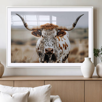 76294381-MGV-CV-36X24-Texas Longhorn Wall Art Canvas Print, Framed Spotted Cow Art Picture Print, Horned Cattle Perfect Rustic Western Decor Artwork