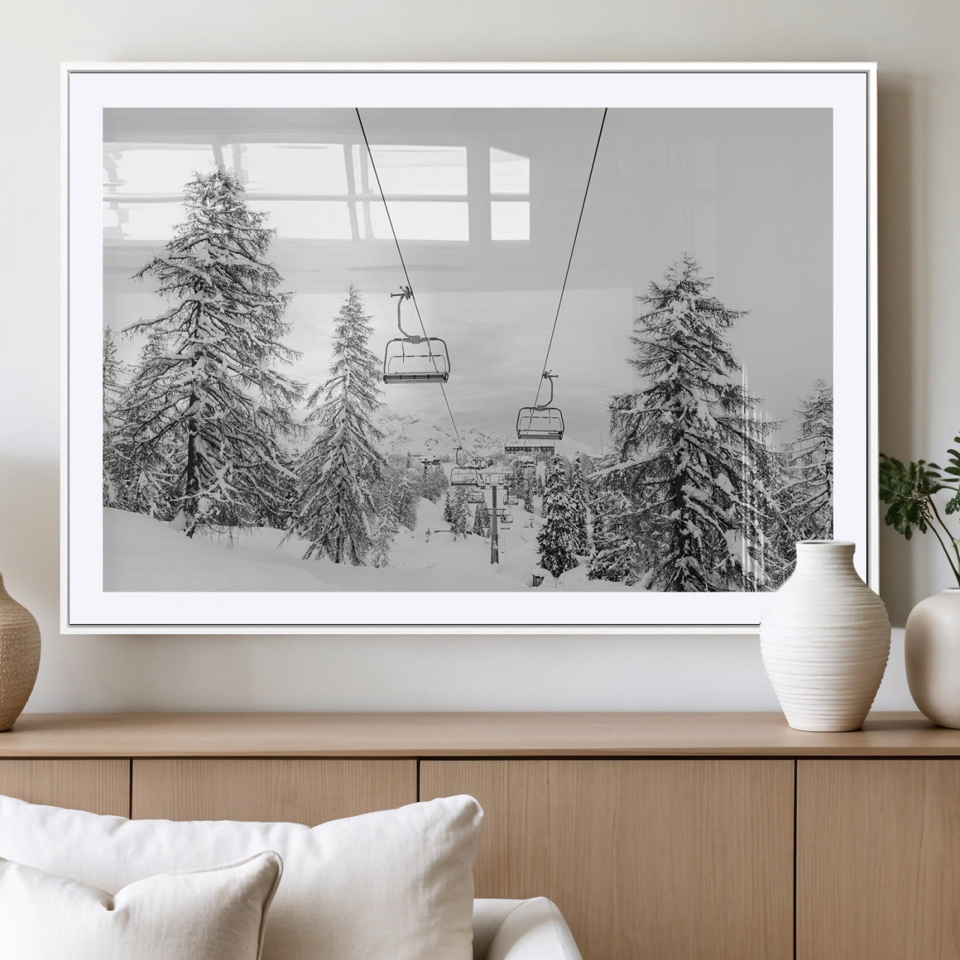 55003599-MGC-FP-36x24_White-Snowy Ski Lift Wall Art Canvas Print, Framed Winter Forest Art Picture Print, Ski lift Ride Perfect Winter Lodge Decor Artwork