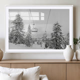 55003599-MGC-FP-36x24_White-Snowy Ski Lift Wall Art Canvas Print, Framed Winter Forest Art Picture Print, Ski lift Ride Perfect Winter Lodge Decor Artwork