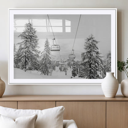 55003599-MGC-FP-36x24_White-Snowy Ski Lift Wall Art Canvas Print, Framed Winter Forest Art Picture Print, Ski lift Ride Perfect Winter Lodge Decor Artwork