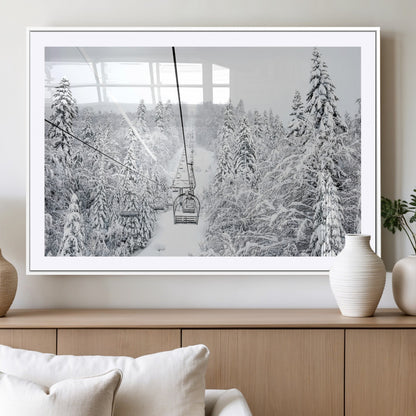 60296839-MGC-FP-36x24_White-Snowy Mountains Wall Art Canvas Print, Framed Ski Lift Art Picture Print, Winter Forest Perfect Winter Minimalist Decor Artwork