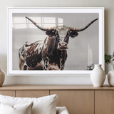 95249234-MGV-CV-36X24-Texas Longhorn Wall Art Canvas Print, Framed Spotted Bull Art Picture Print, Horned Cattle Perfect Rustic Farmhouse Decor Artwork