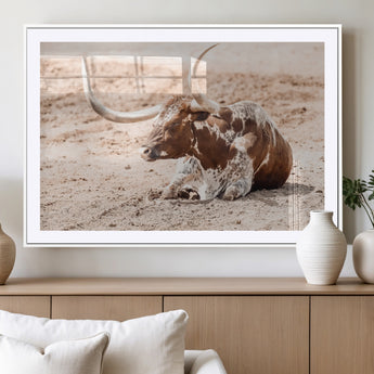 91248682-MGV-CV-36X24-Texas Longhorn Wall Art Canvas Print, Framed Resting Bull Art Picture Print, Spotted Cattle Perfect Rustic Western Decor Artwork