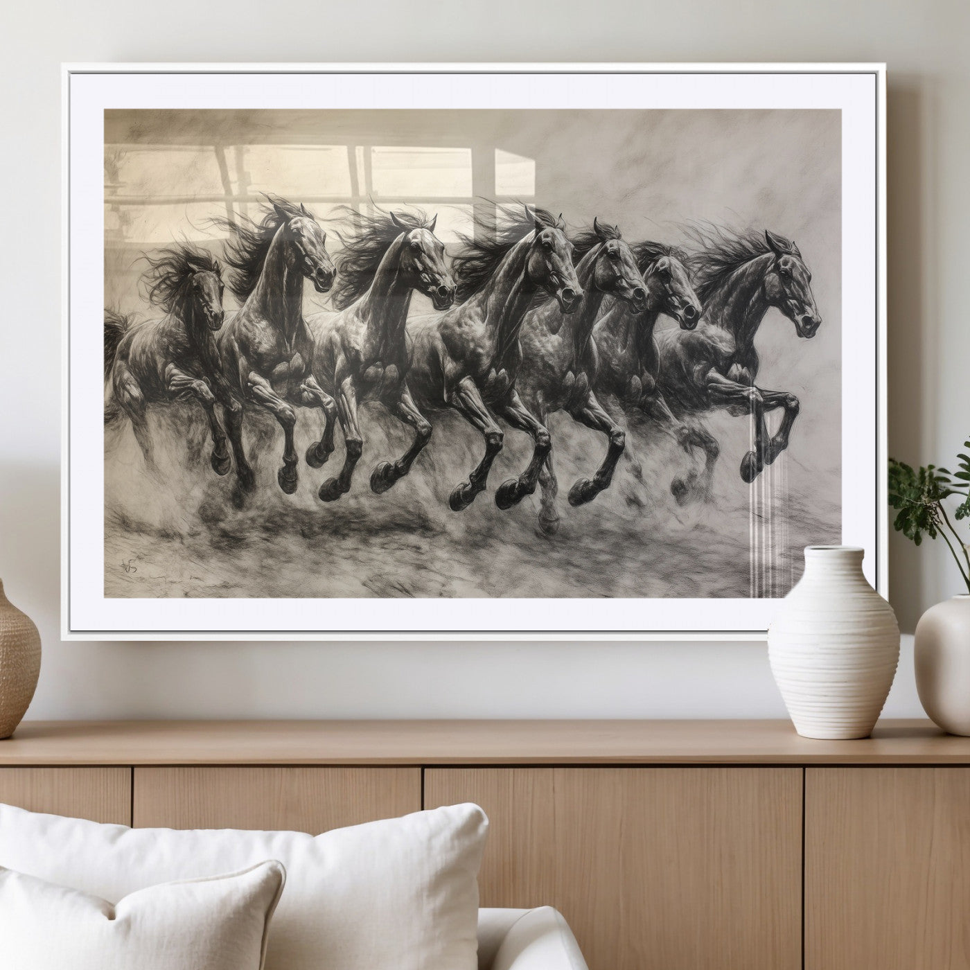56089591-MGV-CV-36X24-Galloping Horses Wall Art Canvas Print, Framed Wild Stallions Art Picture Print, Horse Herd Sketch Perfect Monochrome Dynamic