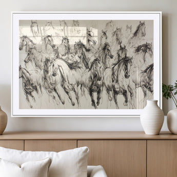 19433417-MGV-CV-36X24-Running Horses Wall Art Canvas Print, Framed Horse Sketch Art Picture Print, Galloping Herd Perfect Monochrome Western Decor