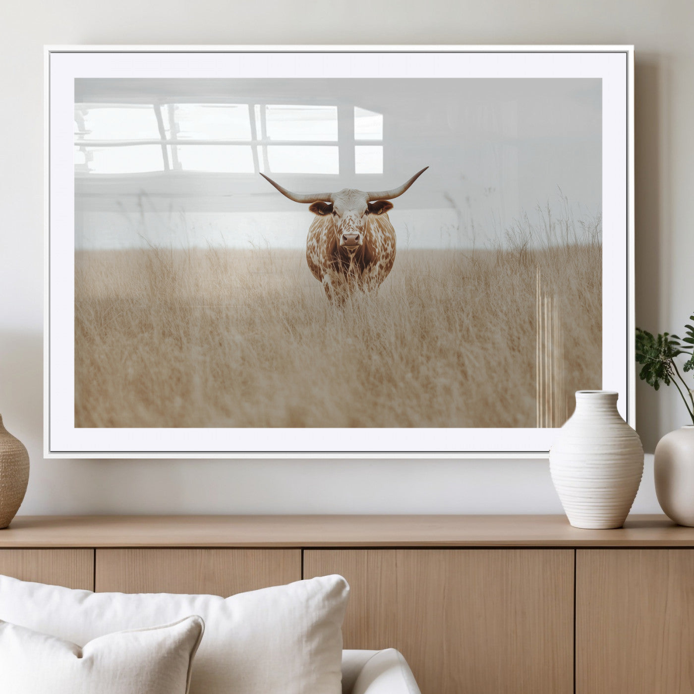 20927060-MGV-CV-36X24-Texas Longhorn Wall Art Canvas Print, Framed Lone Cattle Art Picture Print, Longhorn Bull Perfect Rustic Western Decor Artwork