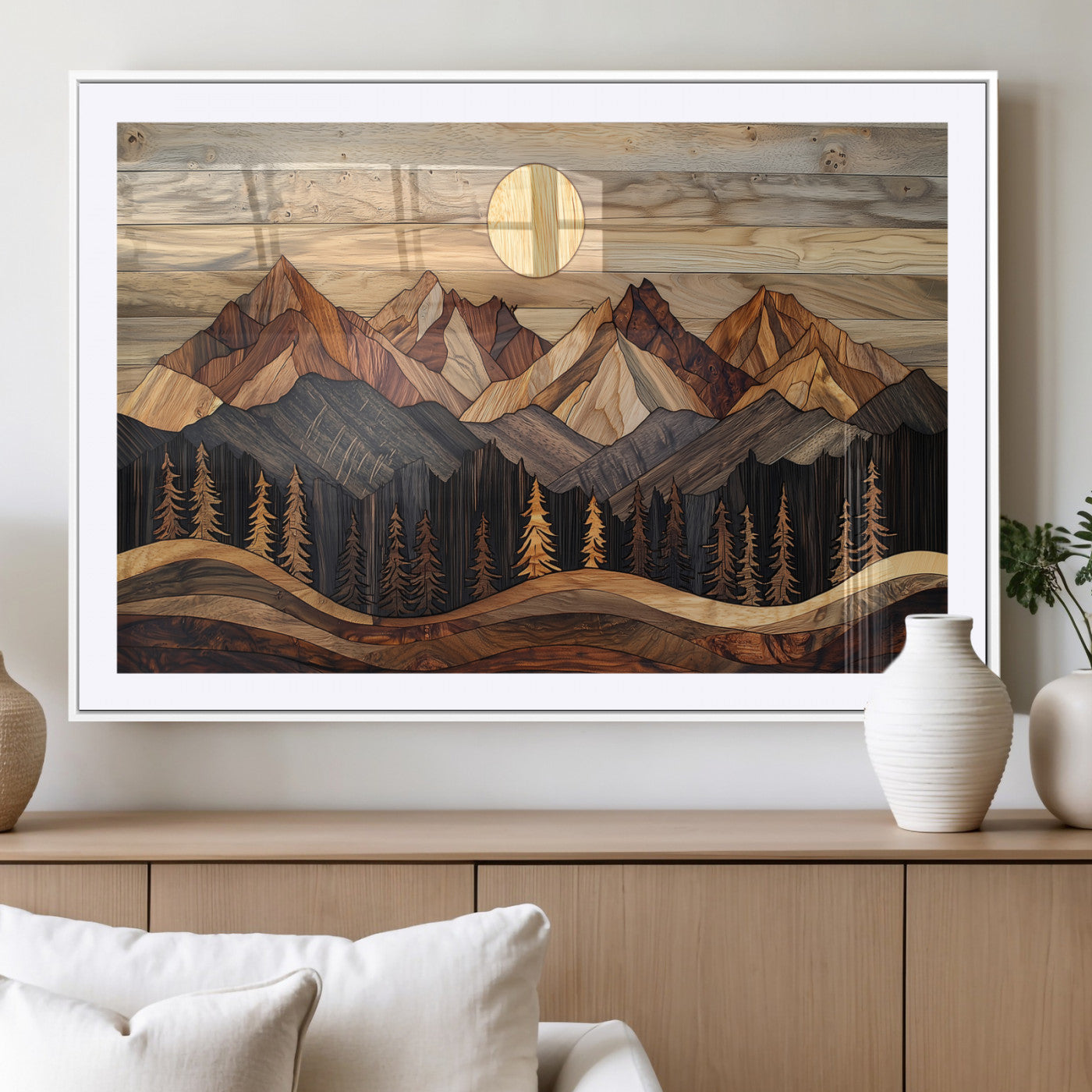50100230-MGV-CV-36X24-Wooden Mountain Wall Art – Rustic Nature Landscape Canvas Print, Handmade Style Sun, Forest, and Peaks Artwork for Living Room,