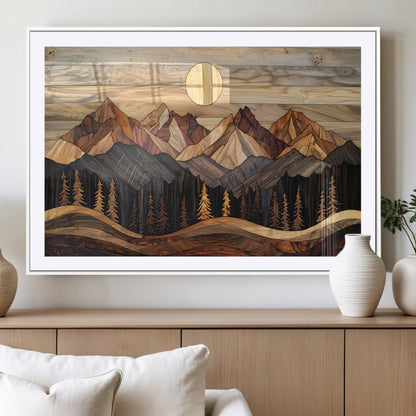 50100230-MGV-CV-36X24-Wooden Mountain Wall Art – Rustic Nature Landscape Canvas Print, Handmade Style Sun, Forest, and Peaks Artwork for Living Room,