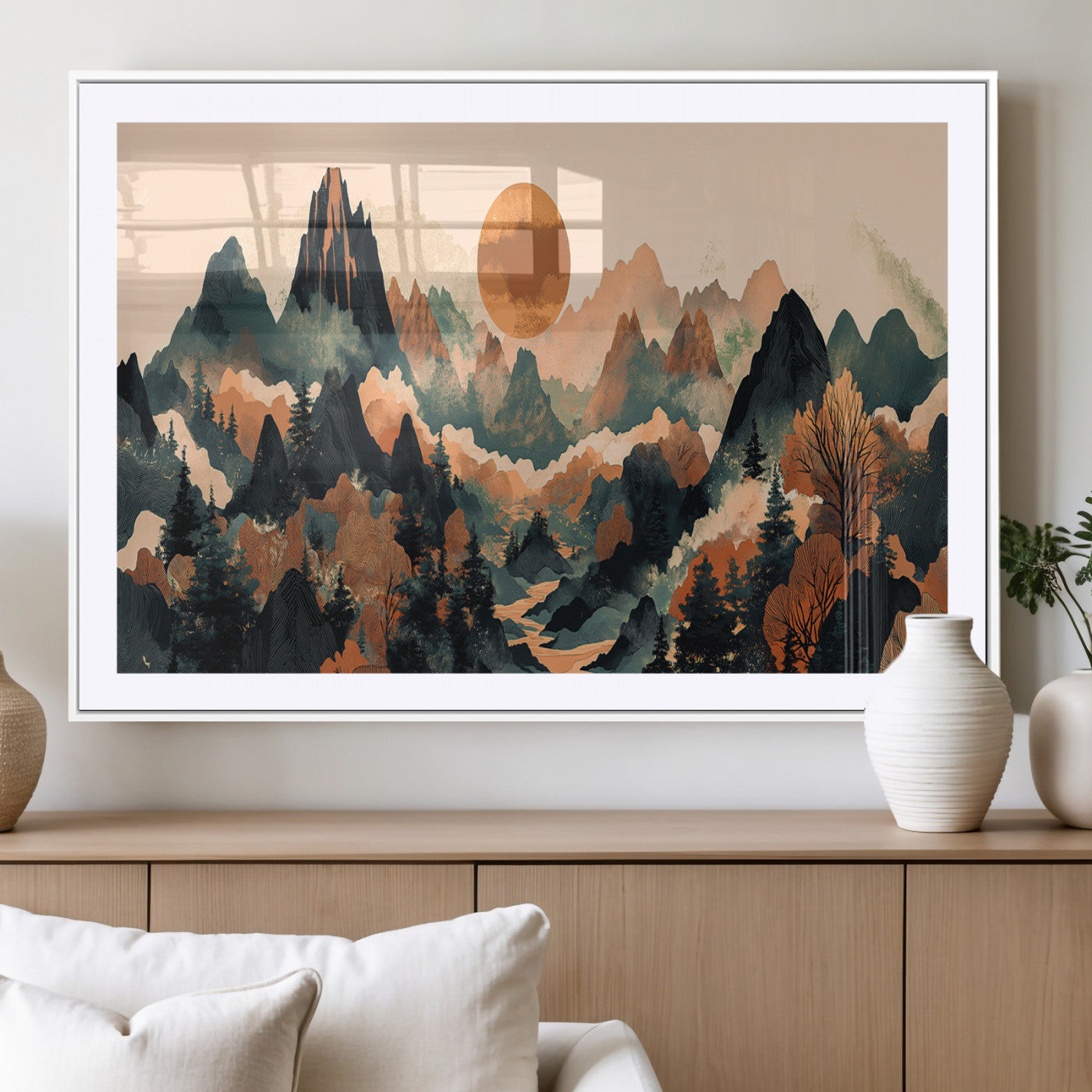 13012770-MGC-FP-36x24_White-Mountain Landscape Wall Art – Modern Nature Canvas Print with Sun, Misty Peaks, and Forest in Orange and Green Tones for Living