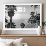 89458520-MGC-FP-36x24_White-Palm Trees Wall Art Canvas Print, Framed Coastal View Art Picture Print, Ocean Horizon Perfect Monochrome Coast Decor Artwork