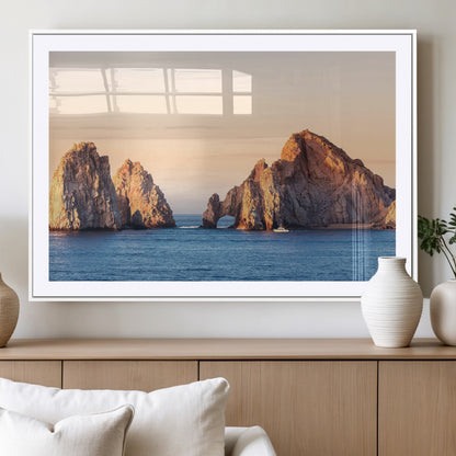 72996116-MGC-FP-36x24_White-El Arco Wall Art Canvas Print, Framed Cabo Rocks Art Picture Print, Ocean Arch Perfect Golden Coastal Landmark Decor Artwork