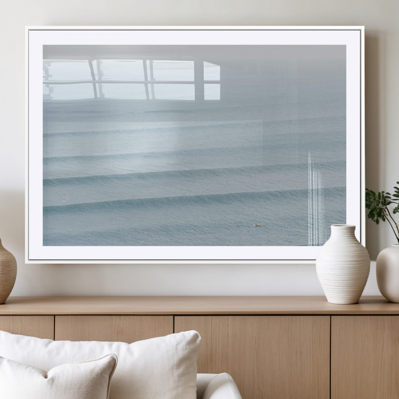 47814787-MGV-CV-36X24-Ocean Waves Wall Art Canvas Print, Framed Solo Surfer Art Picture Print, Wave Lines Perfect Minimalist Ocean Decor Artwork