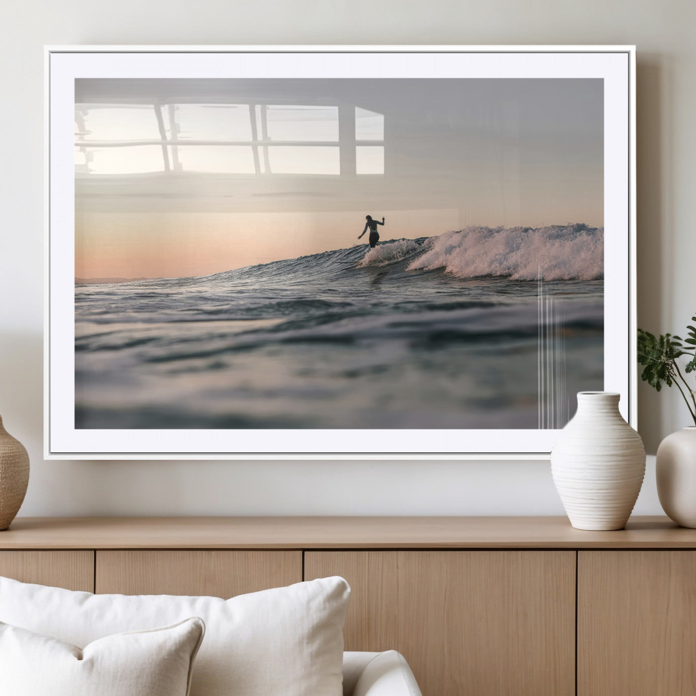 58502923-MGC-FP-36x24_White-Wave Rider Wall Art Canvas Print, Framed Ocean Wave Art Picture Print, Riding Surf Perfect Sunset Surf Decor Artwork
