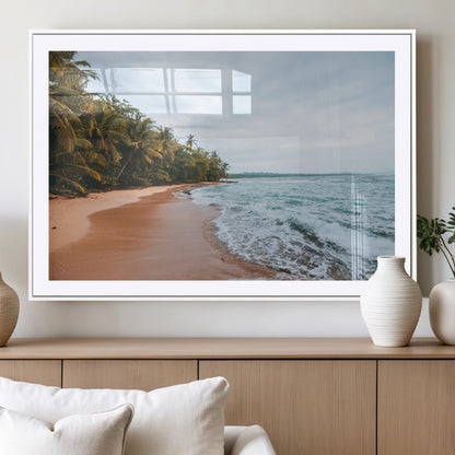 88125882-MGC-FP-36x24_White-Tropical Shoreline Wall Art Canvas Print, Framed Palm Trees Art Picture Print, Tropical Ocean Perfect Tropical Coastal Decor