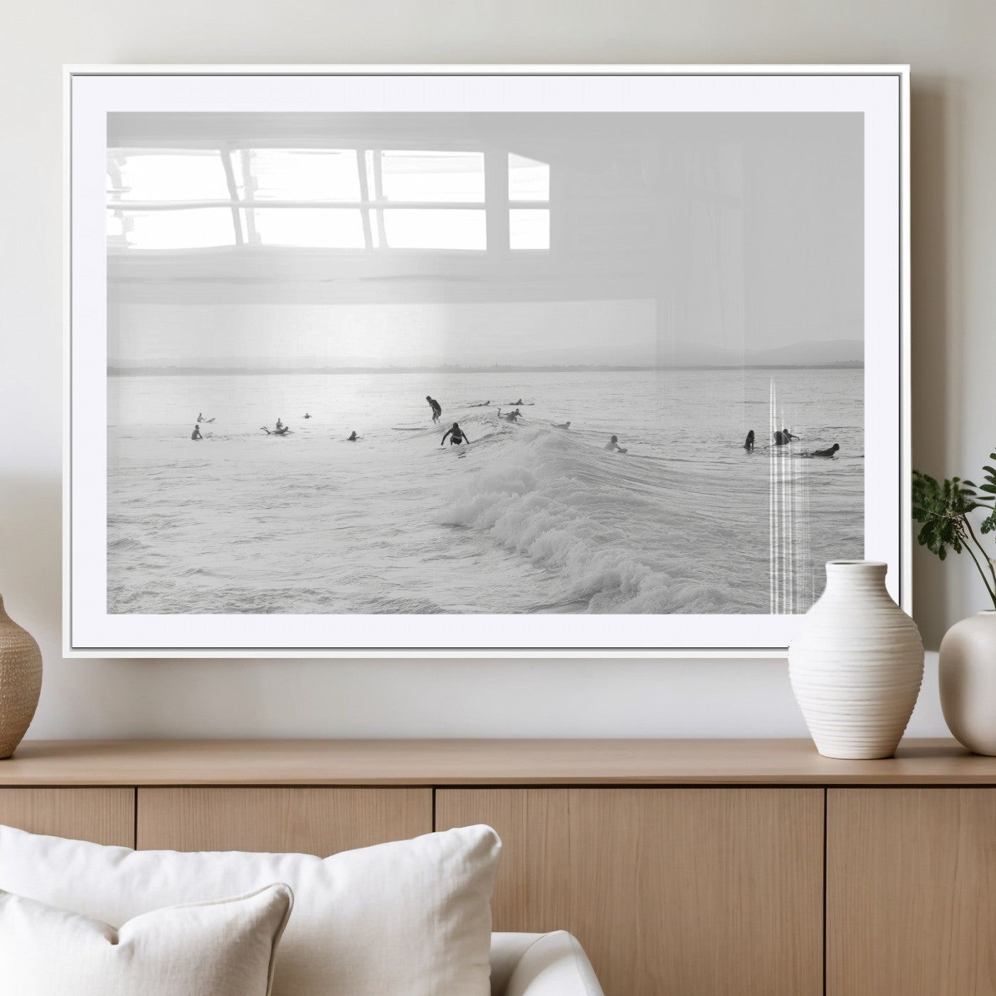 33449548-MGV-CV-36X24-Group Surfers Wall Art Canvas Print, Framed Ocean Wave Art Picture Print, Surf Crowd Perfect Monochrome Surf Decor Artwork