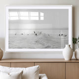 33449548-MGV-CV-36X24-Group Surfers Wall Art Canvas Print, Framed Ocean Wave Art Picture Print, Surf Crowd Perfect Monochrome Surf Decor Artwork