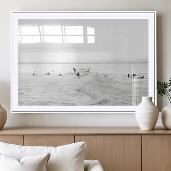 33449548-MGV-CV-36X24-Group Surfers Wall Art Canvas Print, Framed Ocean Wave Art Picture Print, Surf Crowd Perfect Monochrome Surf Decor Artwork