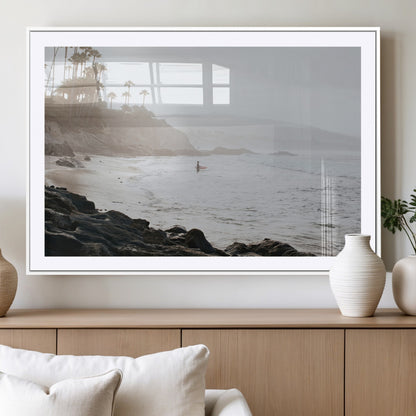 62501405-MGC-FP-36x24_White-Misty Beach Wall Art Canvas Print, Framed California Surfer Art Picture Print, Coastal Cliff Perfect Coastal Beach Decor Artwork