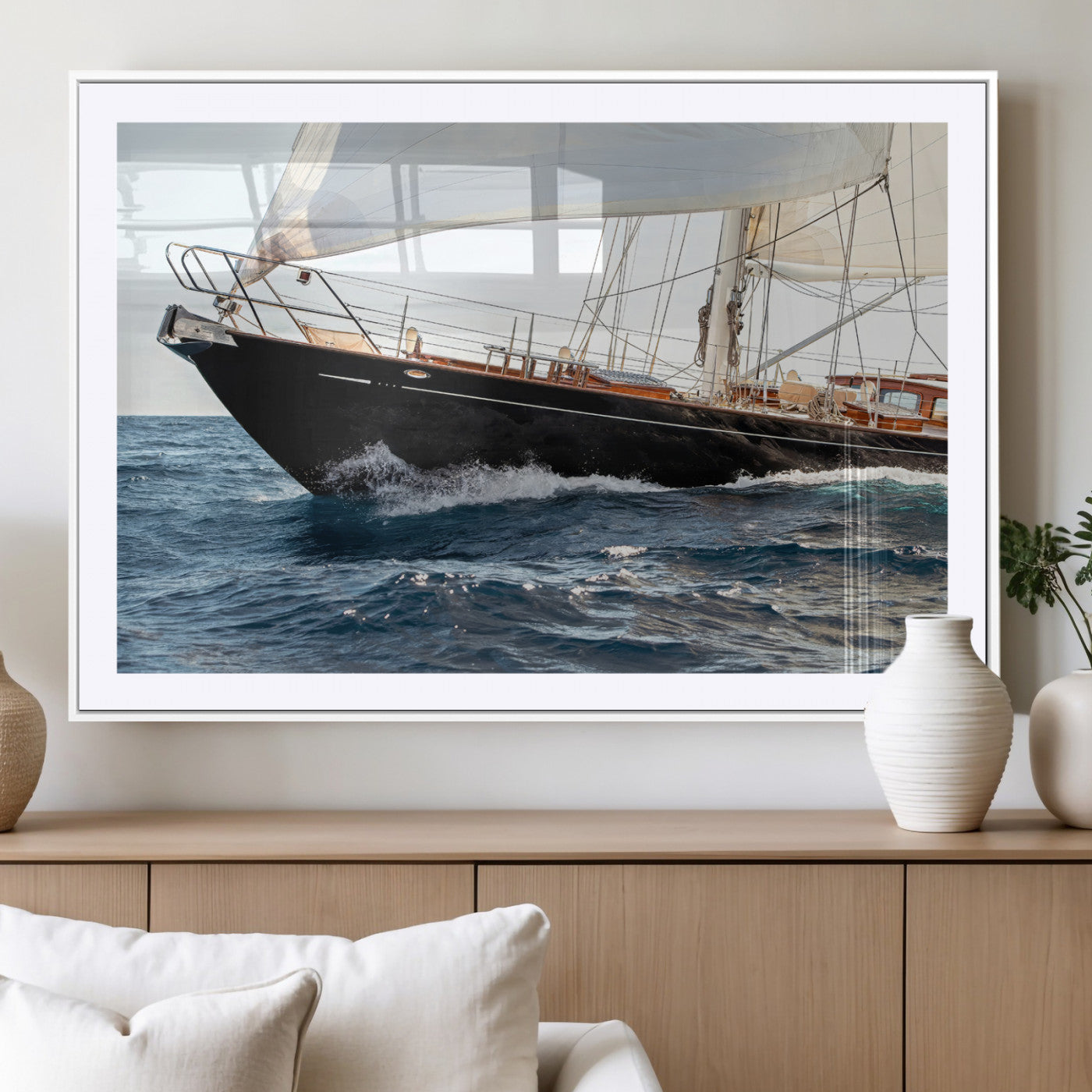 97168626-MGV-CV-36X24-Sailing Yacht Wall Art Canvas Print, Framed Wooden Yacht Art Picture Print, Ocean Waves Perfect Nautical Coastal Decor Artwork