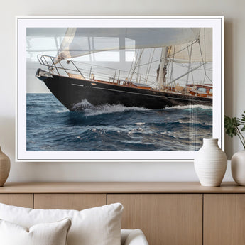 97168626-MGV-CV-36X24-Sailing Yacht Wall Art Canvas Print, Framed Wooden Yacht Art Picture Print, Ocean Waves Perfect Nautical Coastal Decor Artwork