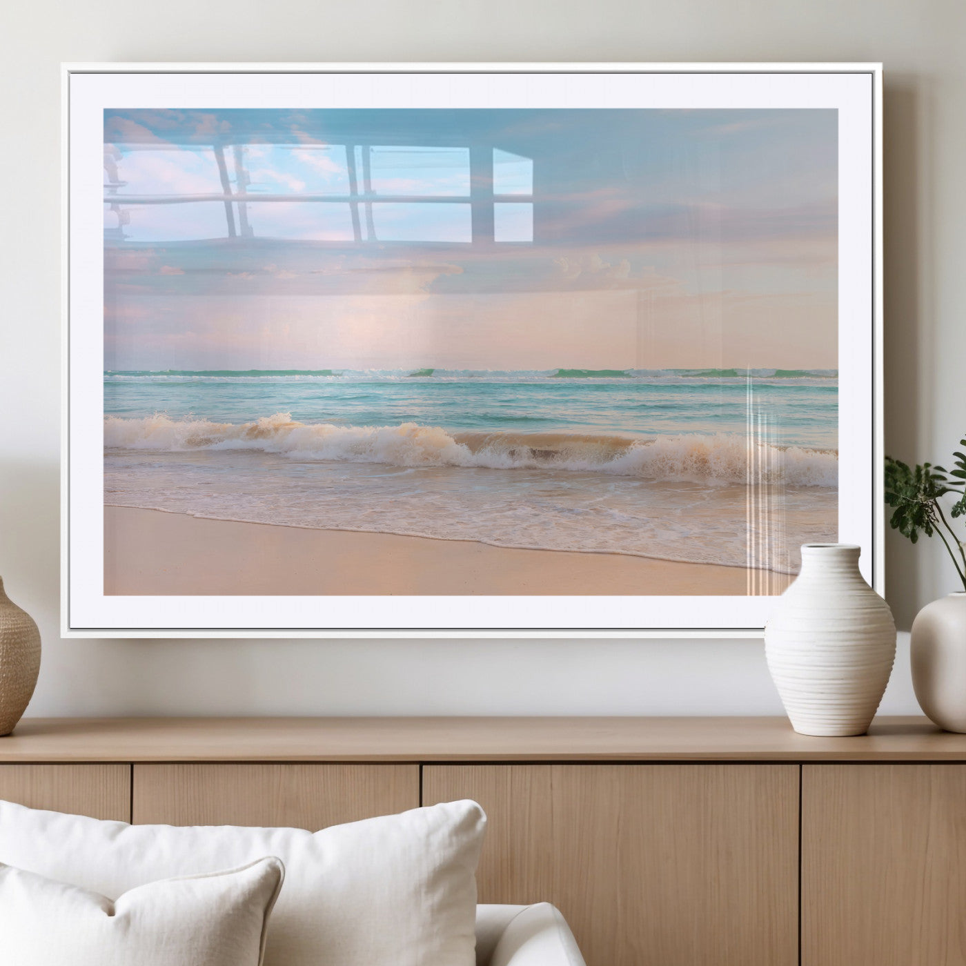 74679437-MGC-FP-36x24_White-Pastel Ocean Wall Art Canvas Print, Framed Beach Waves Art Picture Print, Soft Sunset Perfect Pastel Coastal Decor Artwork