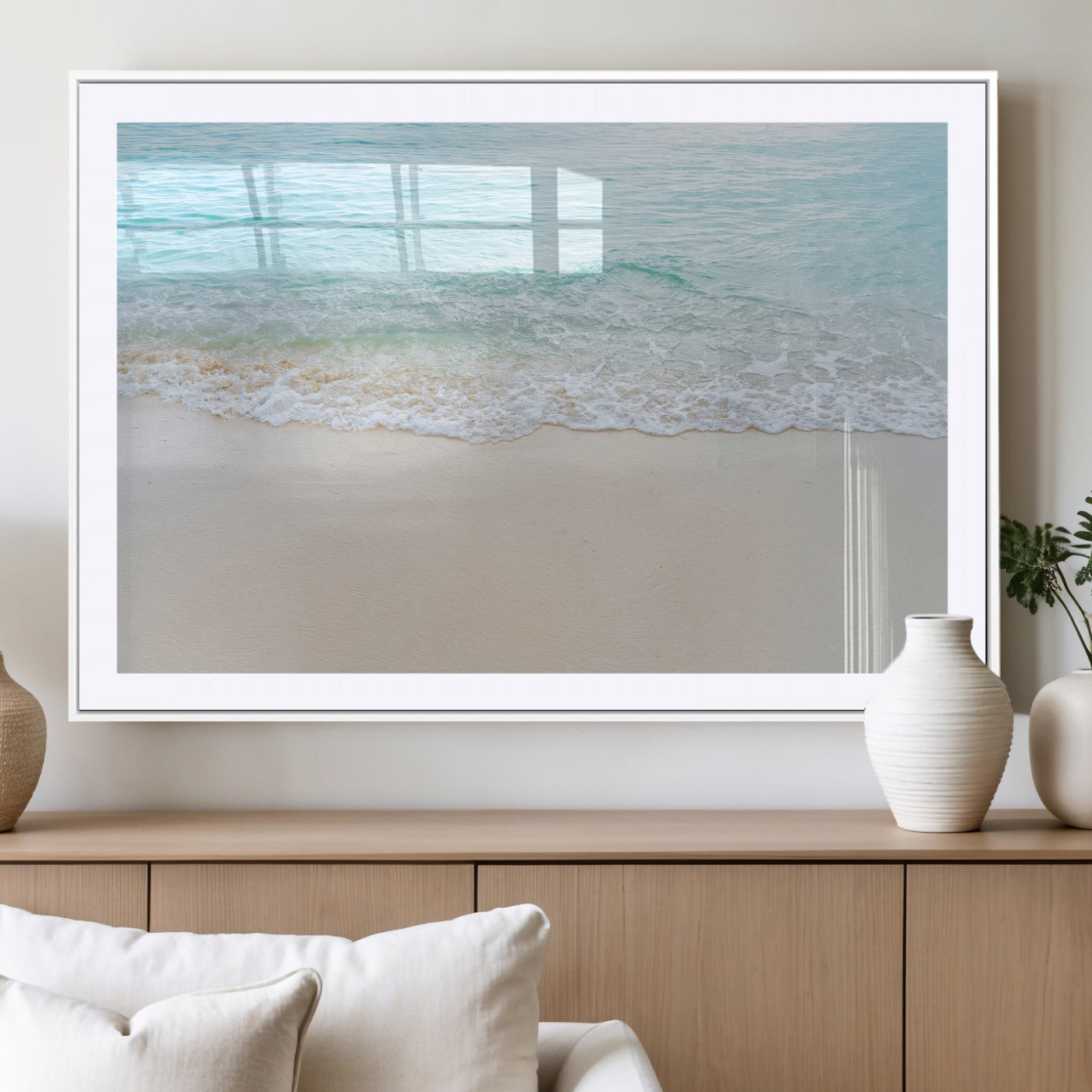 77194056-MGC-FP-36x24_White-Soft Shoreline Wall Art Canvas Print, Framed Gentle Waves Art Picture Print, Clear Water Perfect Minimalist Coastal Decor Artwork
