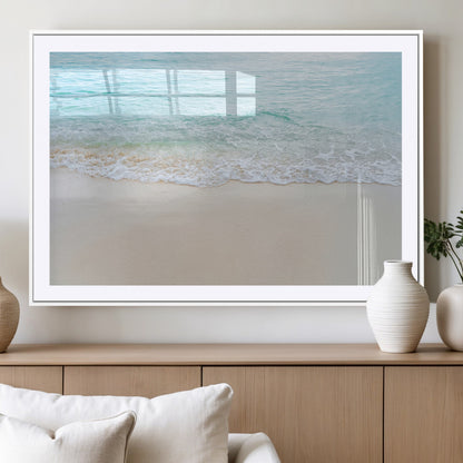 77194056-MGC-FP-36x24_White-Soft Shoreline Wall Art Canvas Print, Framed Gentle Waves Art Picture Print, Clear Water Perfect Minimalist Coastal Decor Artwork