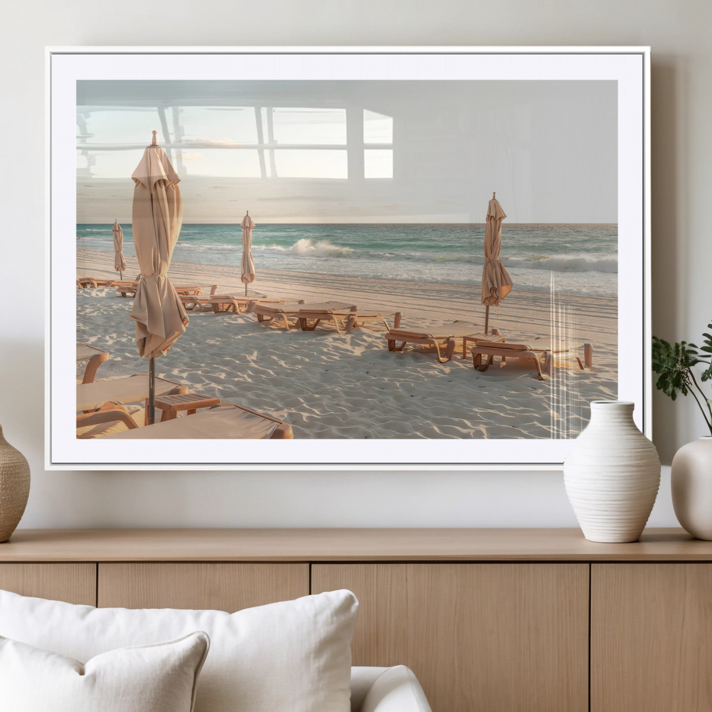 58507949-MGC-FP-36x24_White-Beach Umbrellas Wall Art Canvas Print, Framed Empty Loungers Art Picture Print, Soft Sand Perfect Minimalist Seaside Decor Artwork