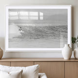 81535128-MGC-FP-36x24_White-Surfer Woman Wall Art Canvas Print, Framed Black Ocean Art Picture Print, Ocean Surfing Perfect Monochrome Coastal Decor Artwork