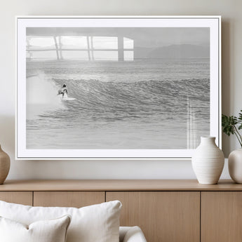 81535128-MGC-FP-36x24_White-Surfer Woman Wall Art Canvas Print, Framed Black Ocean Art Picture Print, Ocean Surfing Perfect Monochrome Coastal Decor Artwork