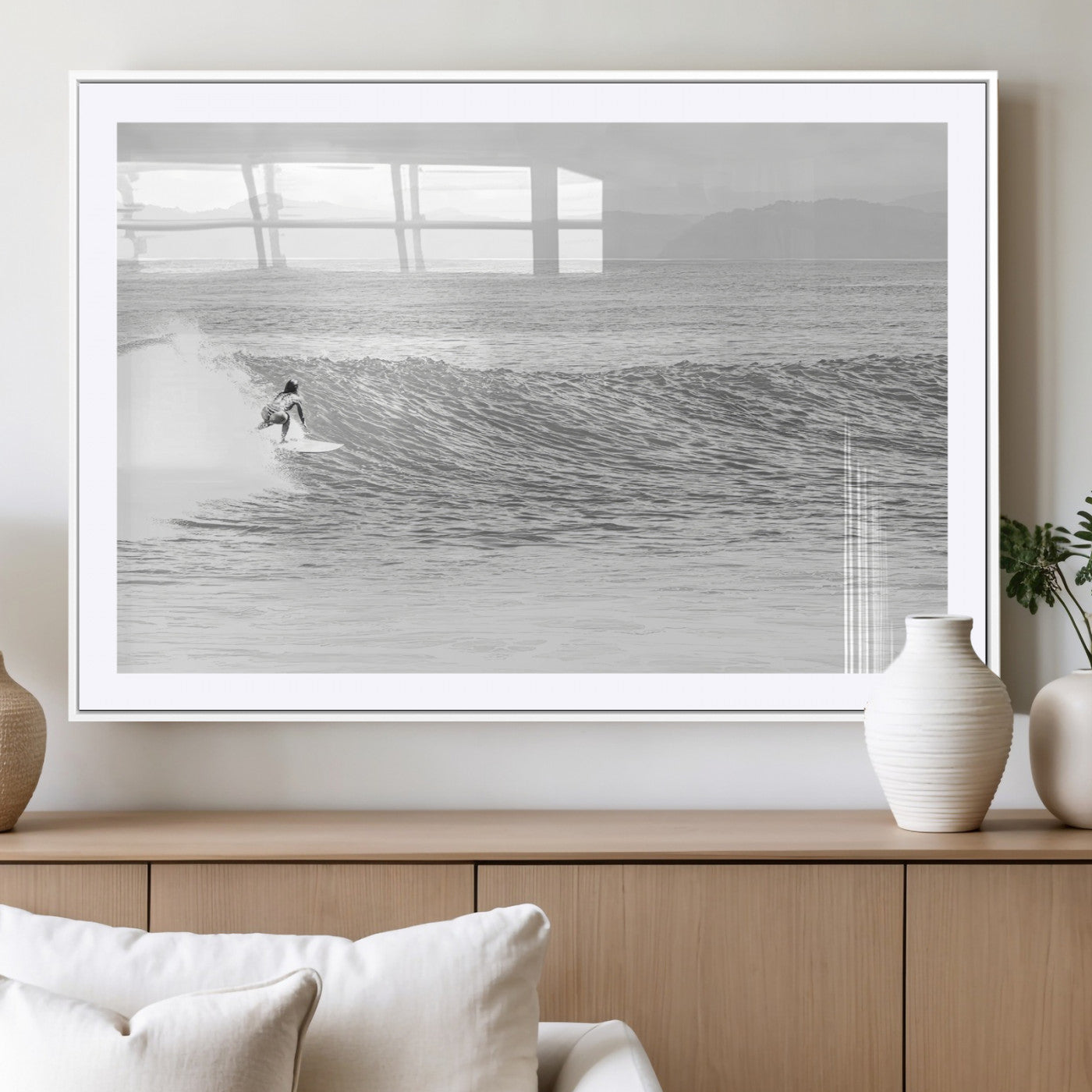 81535128-MGV-CV-36X24-Surfer Woman Wall Art Canvas Print, Framed Black Ocean Art Picture Print, Ocean Surfing Perfect Monochrome Coastal Decor Artwork