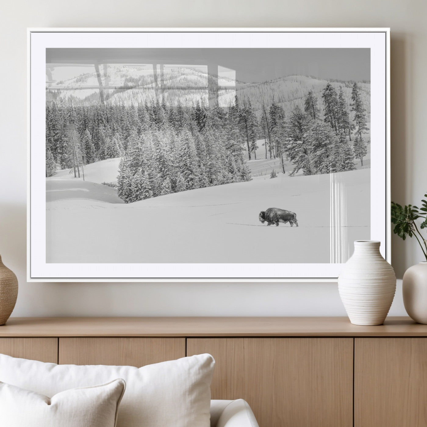 68081143-MGC-FP-36x24_White-Snowy Bison Wall Art Canvas Print, Framed Winter Forest Art Picture Print, Lone Bison Perfect Monochrome Winter Wild Decor Artwork