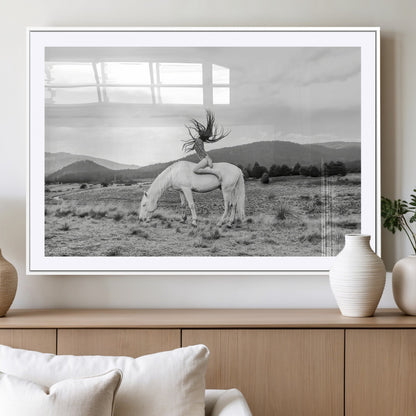 62789800-MGV-CV-36X24-White Horse Wall Art Canvas Print, Framed Woman Rider Art Picture Print, Equestrian Pose Perfect Western Boho Decor Artwork