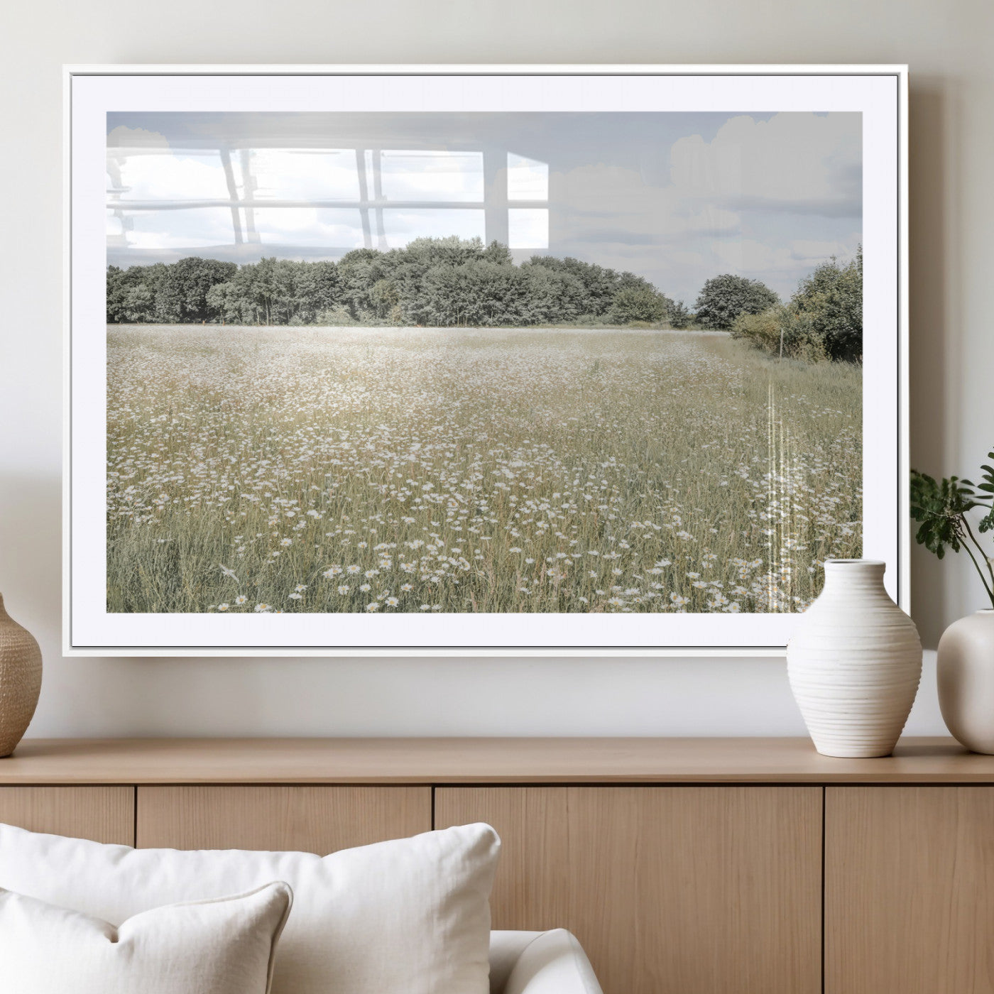 43258946-MGV-CV-36X24-Daisy Field Wall Art Canvas Print, Framed Pastel Flower Art Picture Print, Meadow Bloom Perfect Scandinavian Minimalist Decor