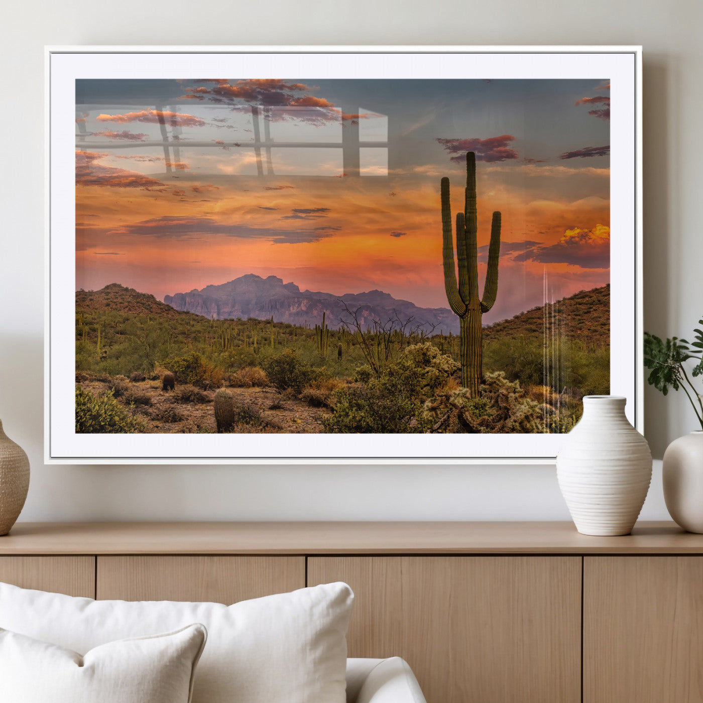 25332783-MGC-FP-36x24_White-Saguaro Cactus Wall Art Canvas Print, Framed Arizona Sunset Art Picture Print, Sonoran Desert Perfect Southwestern Boho Decor