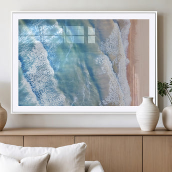17641845-MGC-FP-36x24_White-Aerial Ocean Wall Art Canvas Print, Framed Blue Waves Art Picture Print, Sandy Shoreline Perfect Modern Coastal Decor Artwork