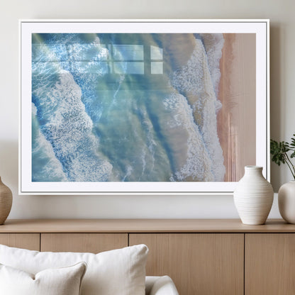 17641845-MGC-FP-36x24_White-Aerial Ocean Wall Art Canvas Print, Framed Blue Waves Art Picture Print, Sandy Shoreline Perfect Modern Coastal Decor Artwork