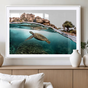 44200301-MGC-FP-36x24_White-Sea Turtle Swim Wall Art Canvas Print, Framed Ocean Life Art Picture Print, Tropical Shoreline Perfect Tropical Coastal Decor