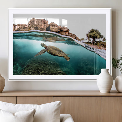 44200301-MGC-FP-36x24_White-Sea Turtle Swim Wall Art Canvas Print, Framed Ocean Life Art Picture Print, Tropical Shoreline Perfect Tropical Coastal Decor