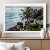 94669907-MGC-FP-36x24_White-Tropical Coastline Wall Art Canvas Print, Framed Palm Tree Art Picture Print, Rocky Beach Perfect Tropical Coastal Decor Artwork