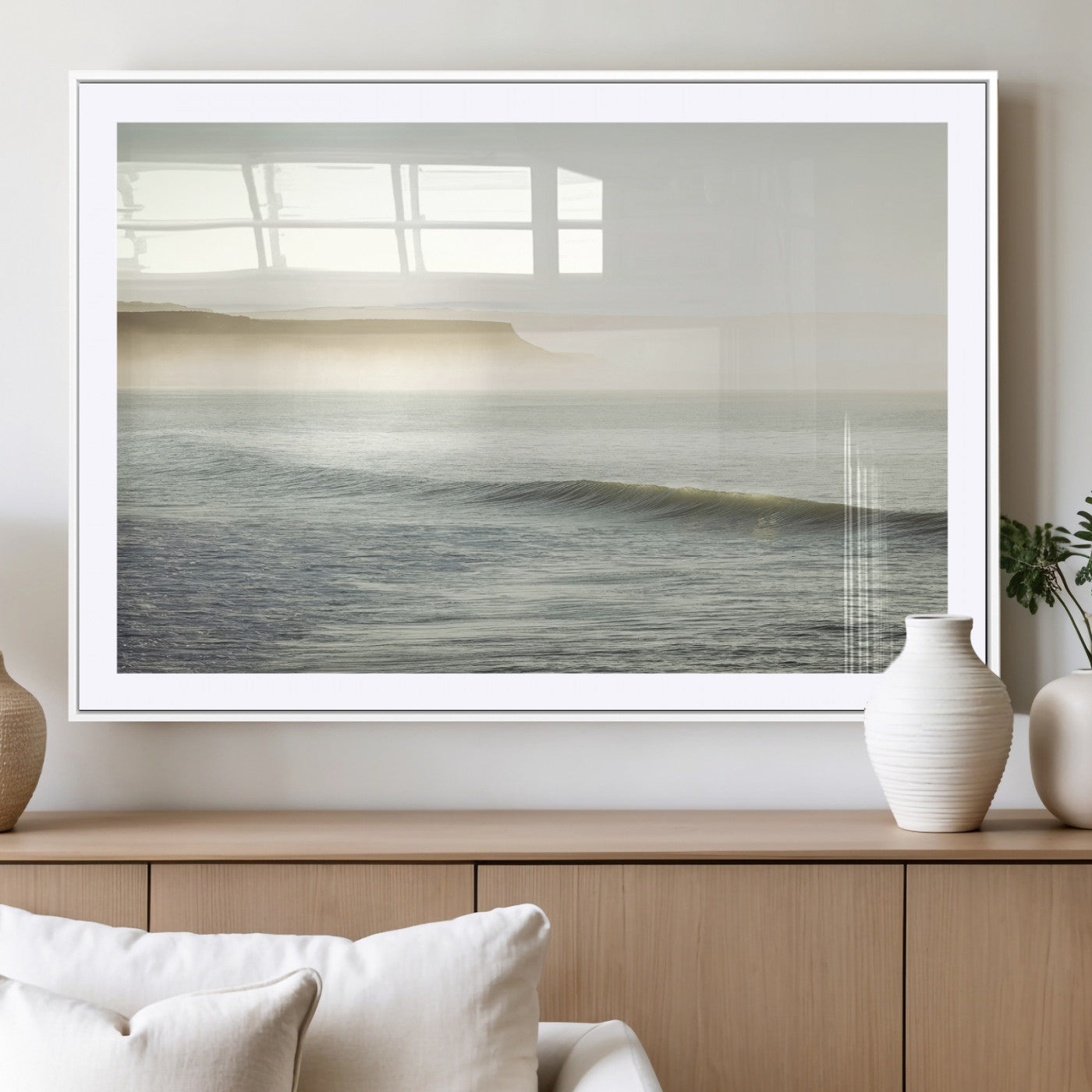 39310633-MGV-CV-36X24-Coastal Cliffs Wall Art Canvas Print, Framed Misty Ocean Art Picture Print, Morning Light Perfect Minimalistic Coastal Decor