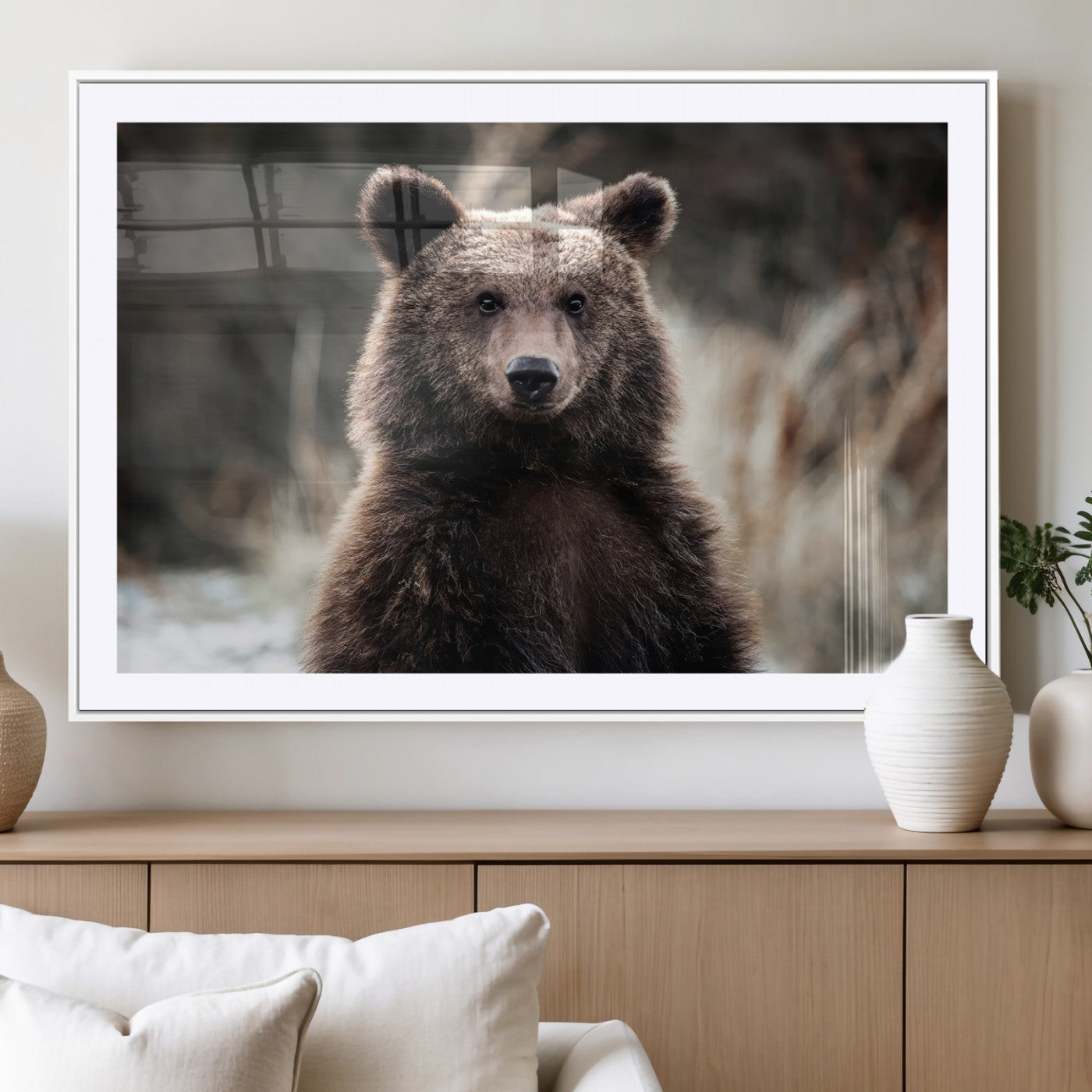 47112103-MGC-FP-36x24_White-Brown Bear Wall Art Canvas Print, Framed Forest Wildlife Art Picture Print, Woodland Bear Perfect Rustic Cabin Decor Artwork
