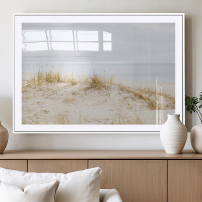 13146857-MGC-FP-36x24_White-Beach Dunes Wall Art Canvas Print, Framed Soft Horizon Art Picture Print, Coastal Grass Perfect Minimalist Coastal Decor Artwork