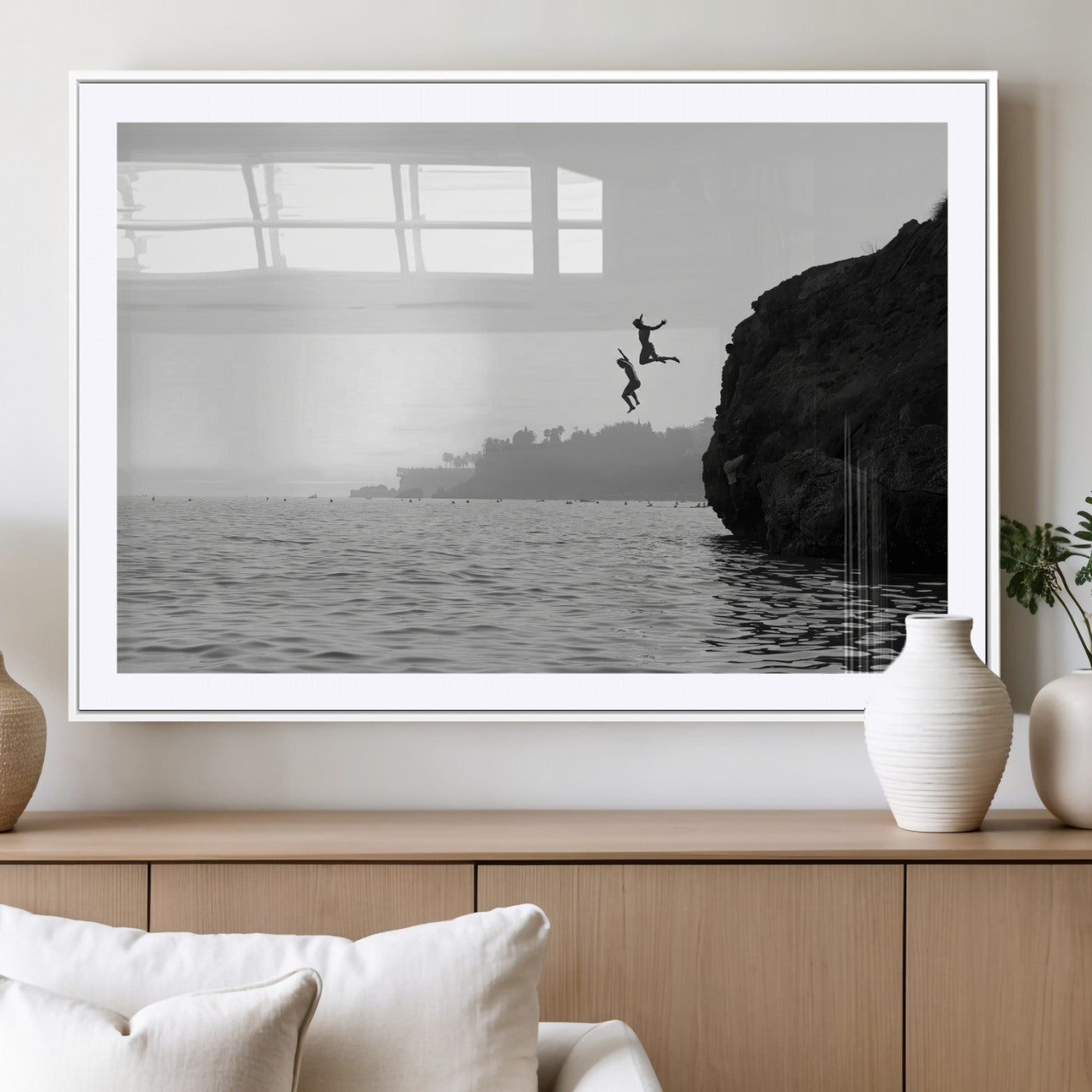 52284302-MGV-CV-36X24-Cliff Jumping Wall Art Canvas Print, Framed Ocean Adventure Art Picture Print, Black White Coast Perfect Modern Coastal Decor