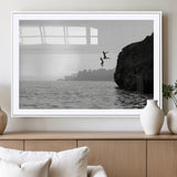 52284302-MGV-CV-36X24-Cliff Jumping Wall Art Canvas Print, Framed Ocean Adventure Art Picture Print, Black White Coast Perfect Modern Coastal Decor