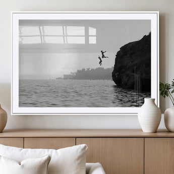 52284302-MGV-CV-36X24-Cliff Jumping Wall Art Canvas Print, Framed Ocean Adventure Art Picture Print, Black White Coast Perfect Modern Coastal Decor