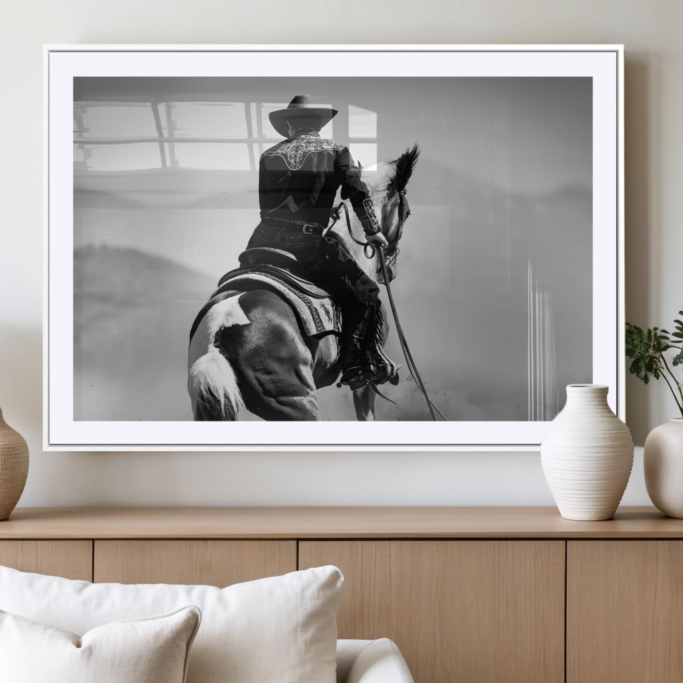 83102464-MGC-FP-36x24_White-Western Cowboy Wall Art Canvas Print, Framed Monochrome Horse Art Picture Print, Western Equestrian Perfect Rustic Western Decor