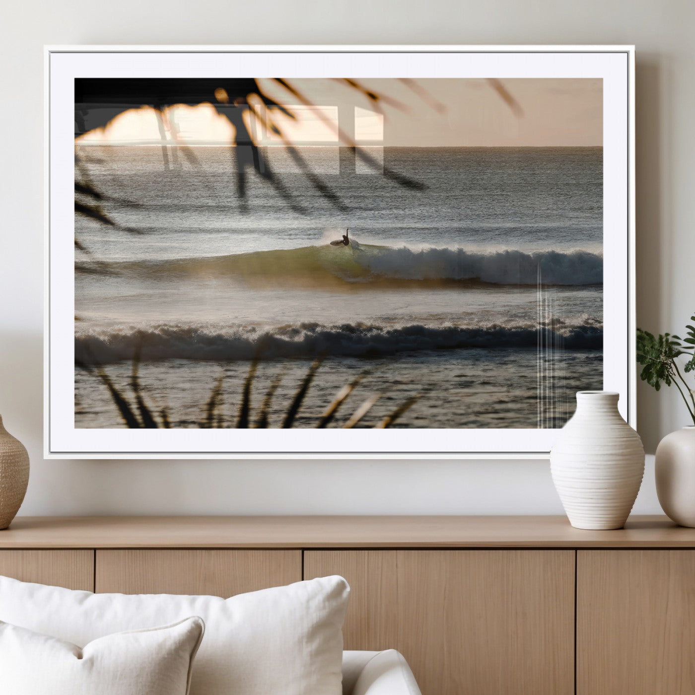 24896468-MGV-CV-36X24-Sunset Surf Wall Art Canvas Print, Framed Golden Waves Art Picture Print, Tropical Ocean Perfect Tropical Boho Decor Artwork