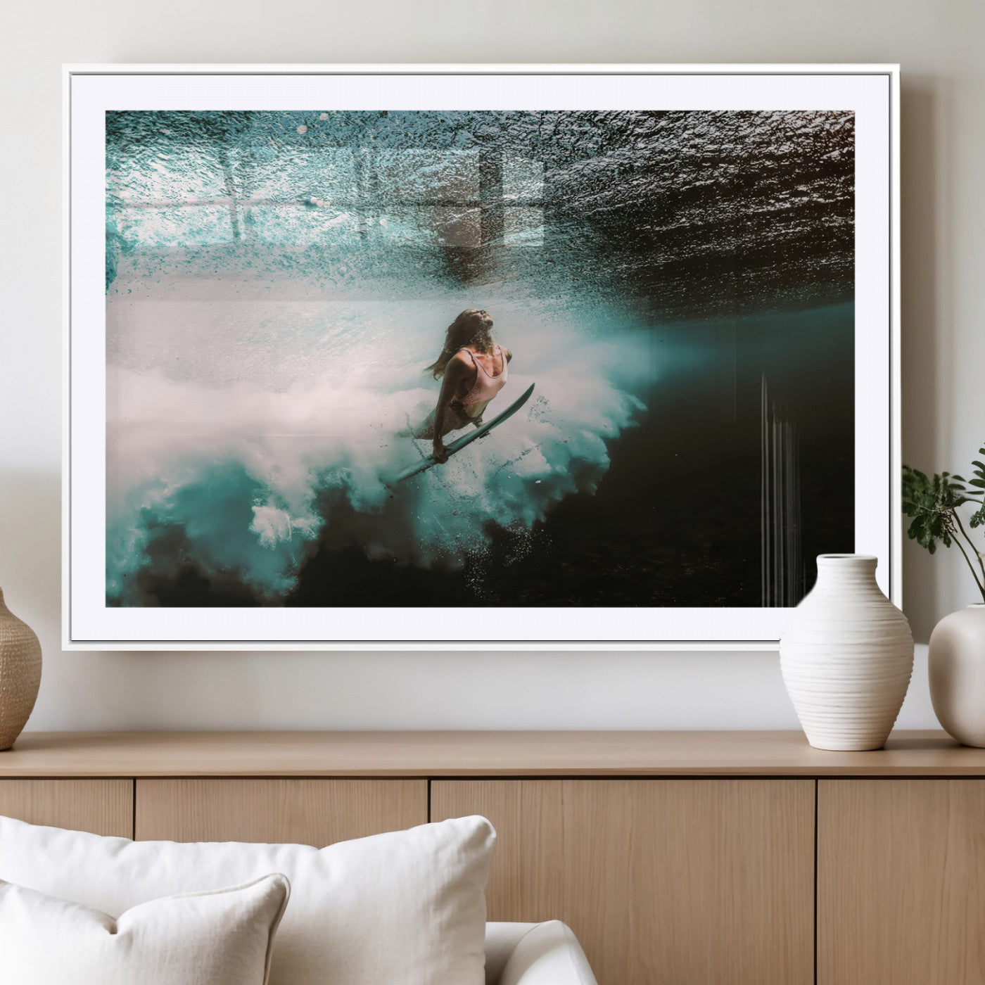 85923512-MGC-FP-36x24_White-Aquatic Motion Wall Art Canvas Print, Framed Underwater Swimming Art Picture Print, Female Surfer Diving Perfect Coastal Boho